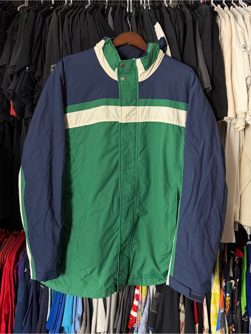 Brooks Brothers Windbreaker Jacket Mens XXL Green Blue Vintage Zip Packable Hood